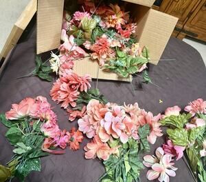 Large Lot / Box of Miscellaneous Artificial Silk Flowers - Bright Coral Shades